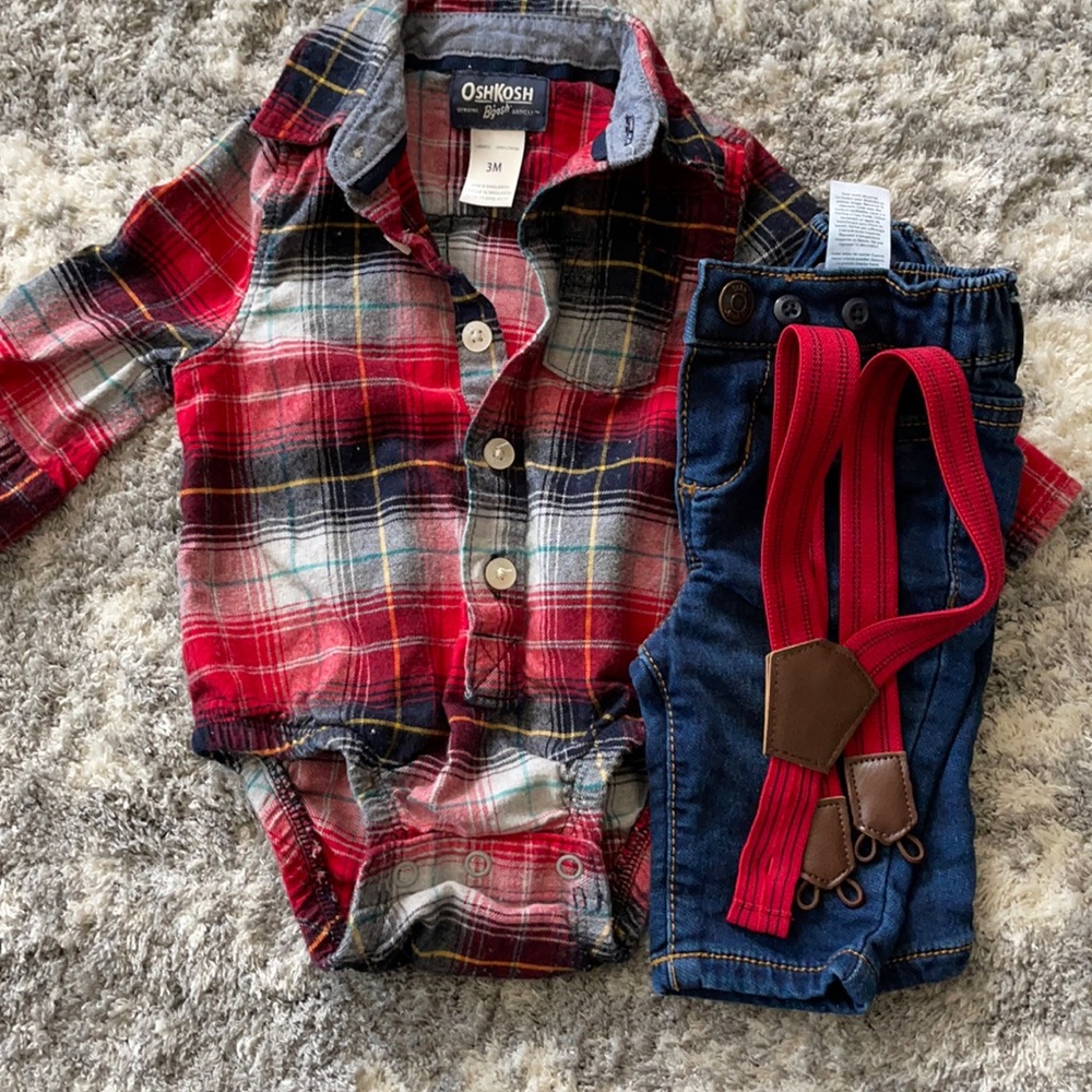 3 mo boy's button down with suspenders